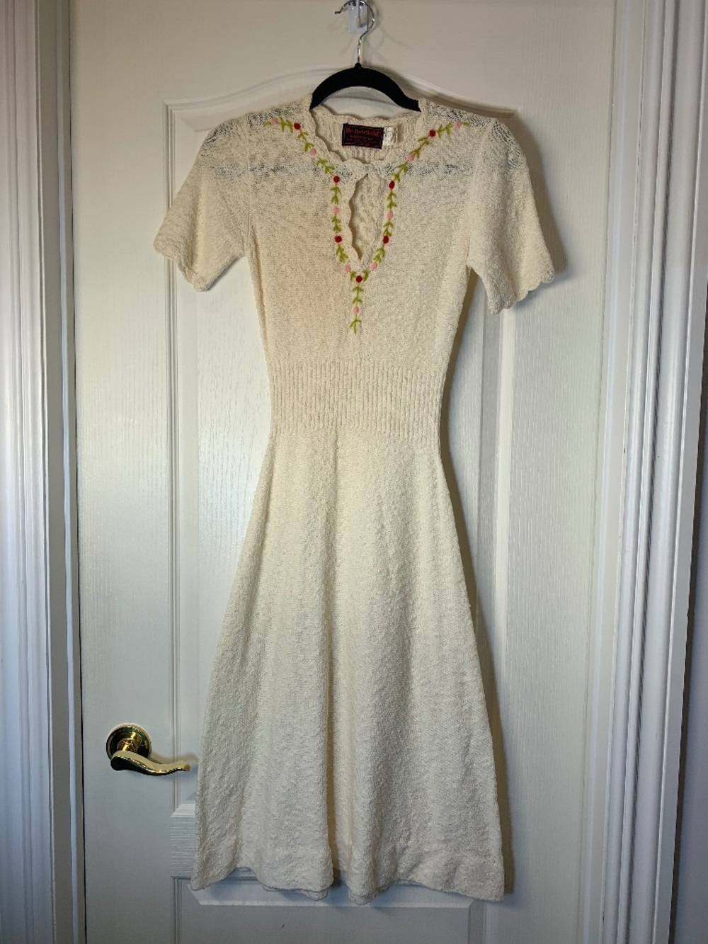 Vintage De Rotchild Knitwear Cream Floral Embroidered Fit & Flare Dress M 80's